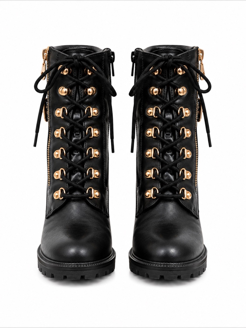 G by Guess Jaylee Black Heeled Combat Boots | Gold Hardware | Women’s 8.5